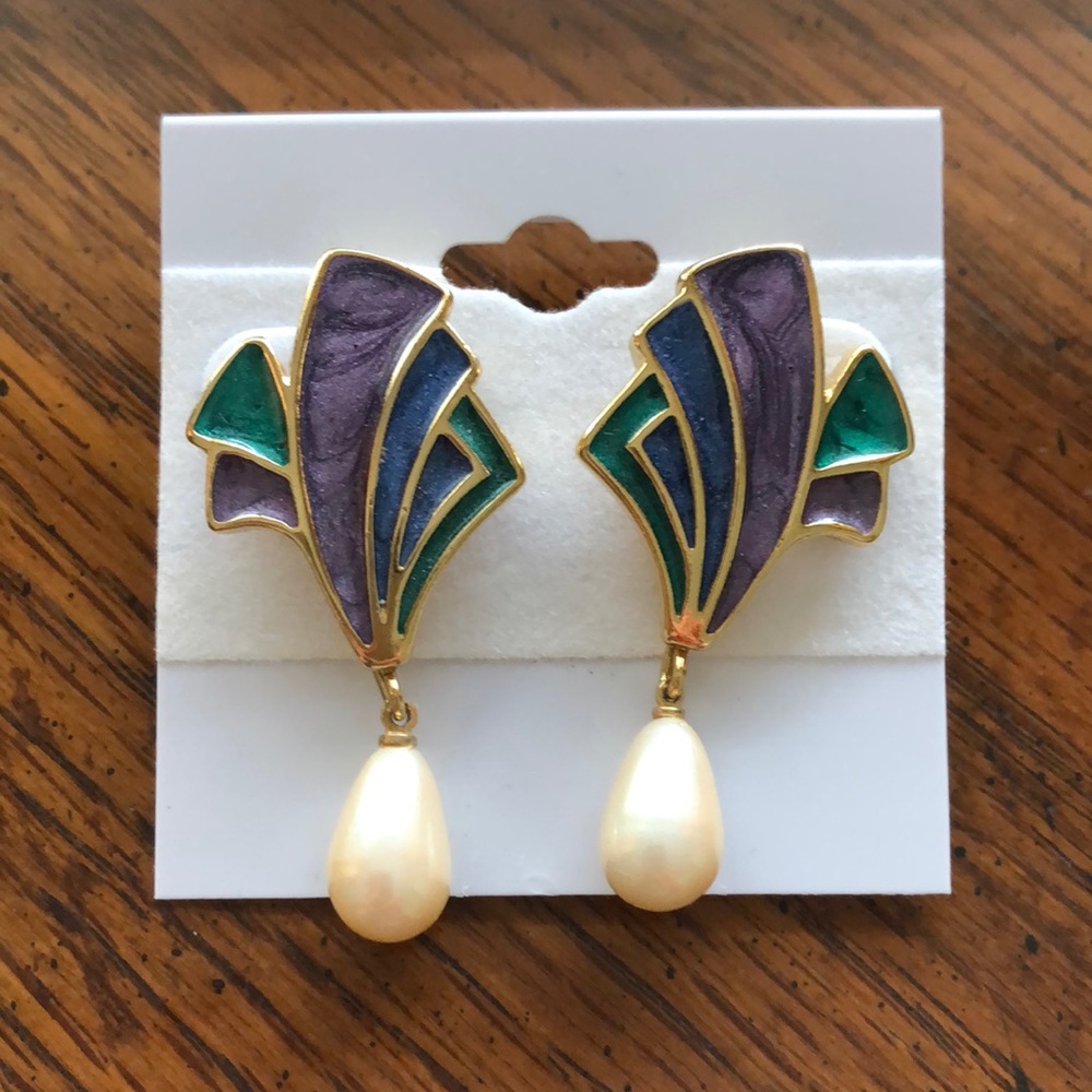 Purple and Green Gold Tone Earrings w/  Faux Pearl